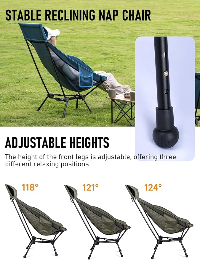 WildCall Lightweight Folding High Back Camping Chair with Head Support, Compact Beach Chair with Anti-Sinking Large Feet and Three Tilt Angles Adjustment