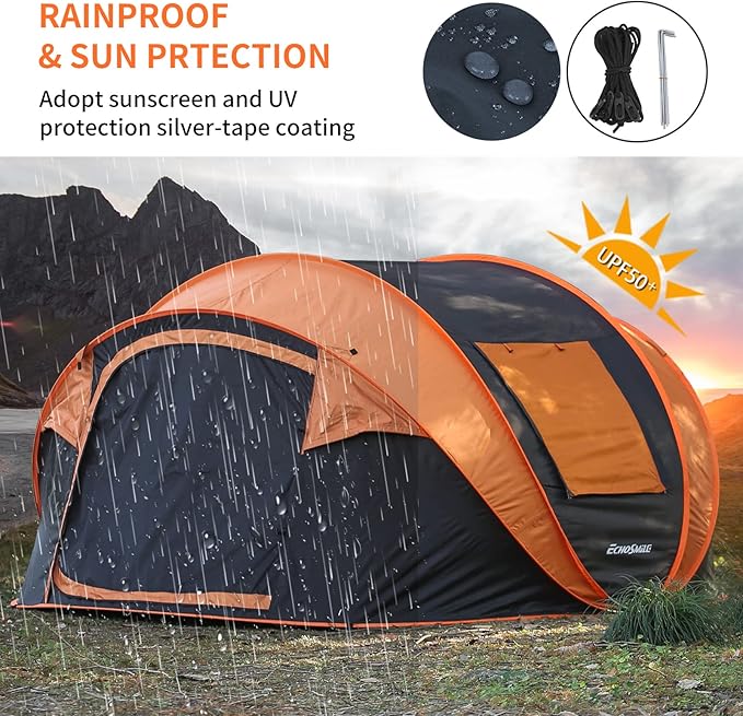 EchoSmile Instant Pop Up Camping Tent, 2/4/6 Person, Easy Setup Tent, Water Resistant Dome, Portable with Carry Bag
