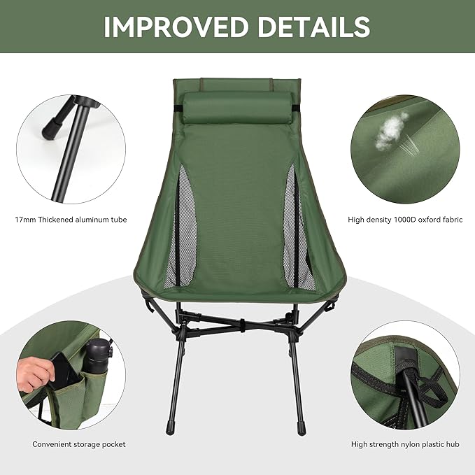Portable High Back Camping Chair, Support Heavy Duty 440 lbs, Compact Folding Backpacking Chair with Detachable Pillow for Camp, Hiking, Backpacking(Green)