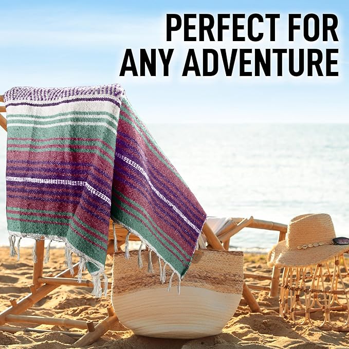 Hydration Nation Authentic Extra Large Mexican Blanket (70"x50") - Handwoven Yoga, Serape- Artisanal Falsa, Beach, Camping, Picnic, Outdoor - Dawn