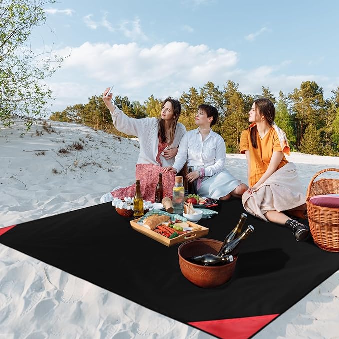 Odoland Pocket Blanket Picnic Blanket, 71" x 63" SandProof Waterproof Outdoor Beach Blanket with Portable Bag, Foldable Lightweight Sand Free Quick Drying Beach Mat for Hiking Camping Travel, Black