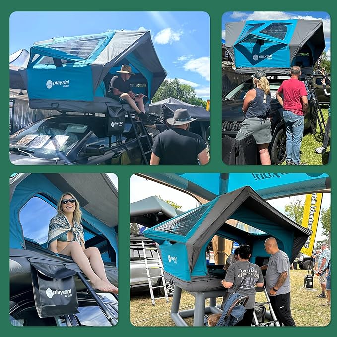 PlayDo Inflatable Rooftop Tent Easy Set Up Pop Up Roof Tent Air Extra Wide Large for 3 Person Family Camping Waterproof Cotton Tents for Truck Car SUV with Light, Skylight