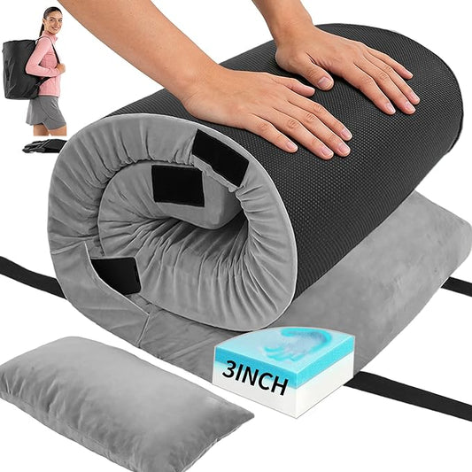 3 Inch Memory Foam Camping Mattress Pad, Dual Layer Thick Sleeping Camp Mat for Sleepover Car Tent, Portable Roll Up Mattress for Adults with Travel Bag