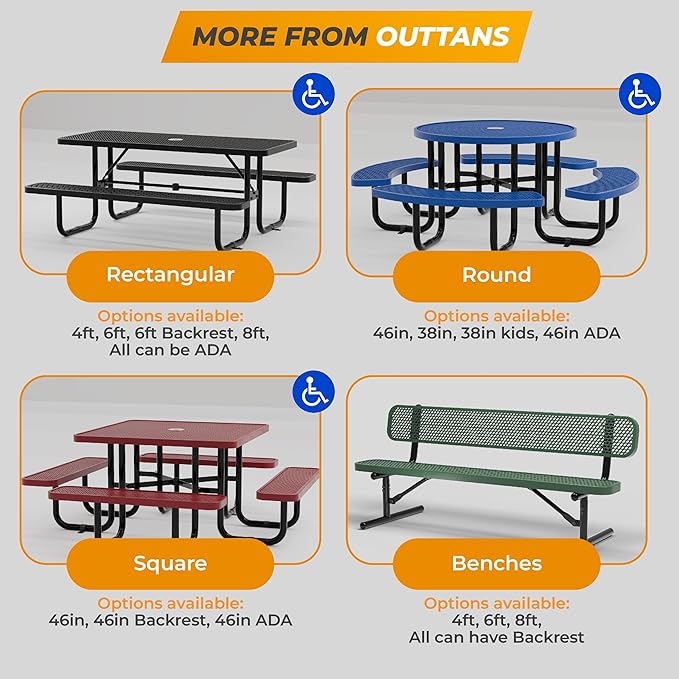 Metal Picnic Furniture for Outdoors with Umbrella Hole - Coated Steel Heavy Duty Commercial Grade Table with Adjustable Seats, Patio Set for a Lifetime (Green, 8' Rectangular, Punched Steel)