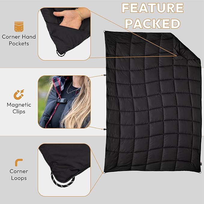 Versatile Packable Outdoor Camping Blanket, Puffy Blanket, Primaloft® Insulation, Warm, Durable, Lightweight, Waterproof, Oversize, Beach, Stadium, and More! 55"x80" (Black Beauty)