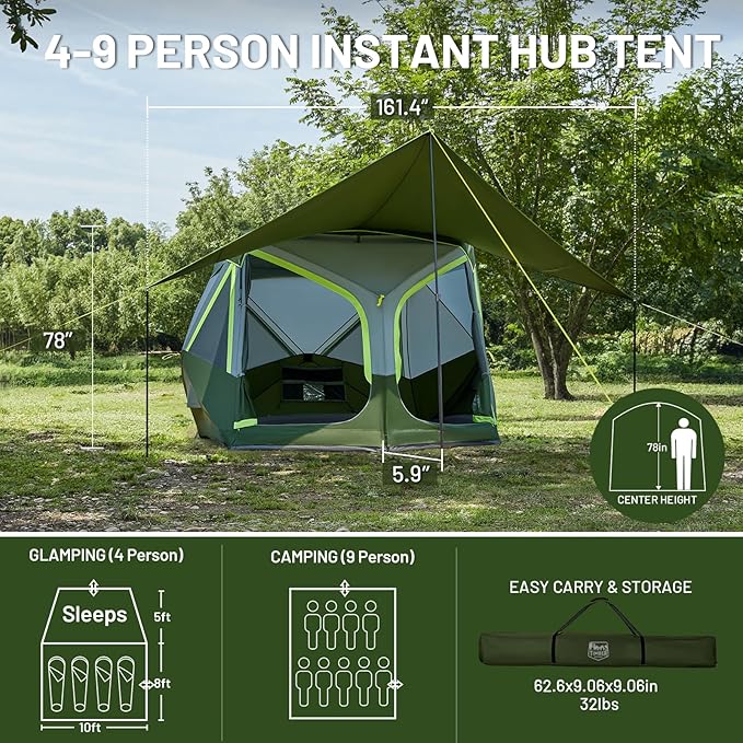 TIMBER RIDGE 4/6/8 Person Instant Pop Up Cabin Tent, Easy 60 Second Setup, Weather Resistant Camping Family Hub Tent with Rain Fly and Carry Bag for Outdoor Camping & Overlanding
