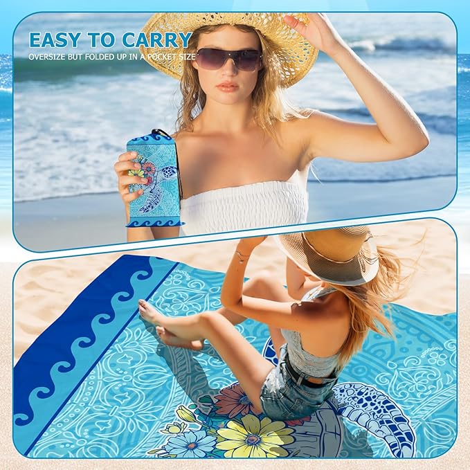 Beach Blanket Waterproof Sandproof, Turtle Flowers Oversized Extra Large Picnic Mat 83"×95"/8 × 7 FT for 1-7 Adults for Travel Camping Hiking, Quick Drying Lightweight Beach Vacation Essentials