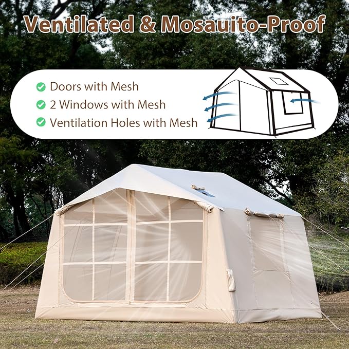 Inflatable Camping Tent with Hand Pump Waterproof Outdoor Blow up Tent 2-8 Person Oxford 4 Season Glamping Air Tent Cabin House with Mesh Windows & Door
