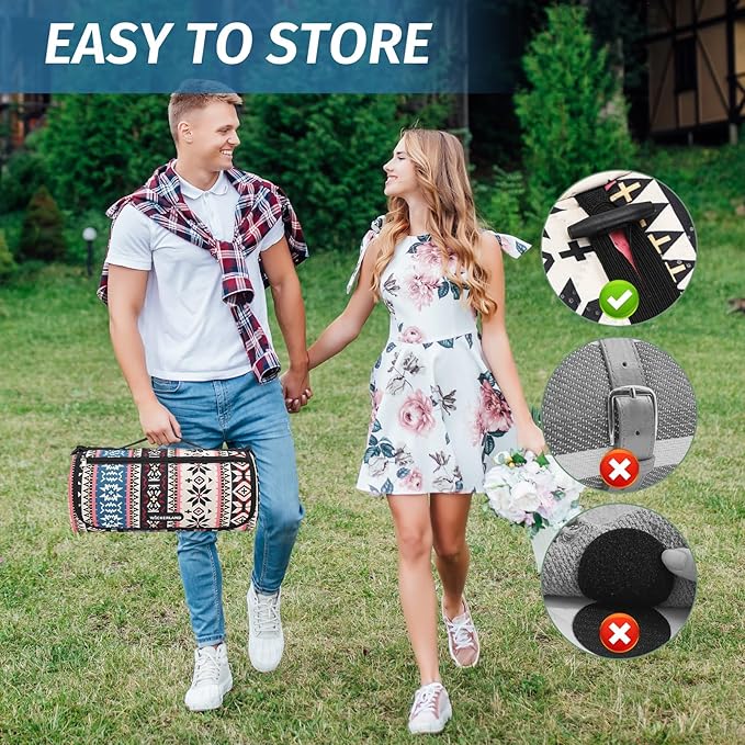 Picnic Blankets Extra Large Outdoor - Beach Blanket Waterproof Sandproof with Shoulder Strap, Machine Washable, Picnic Mat with Stakes for Grass Concert, Park.BohoPattern