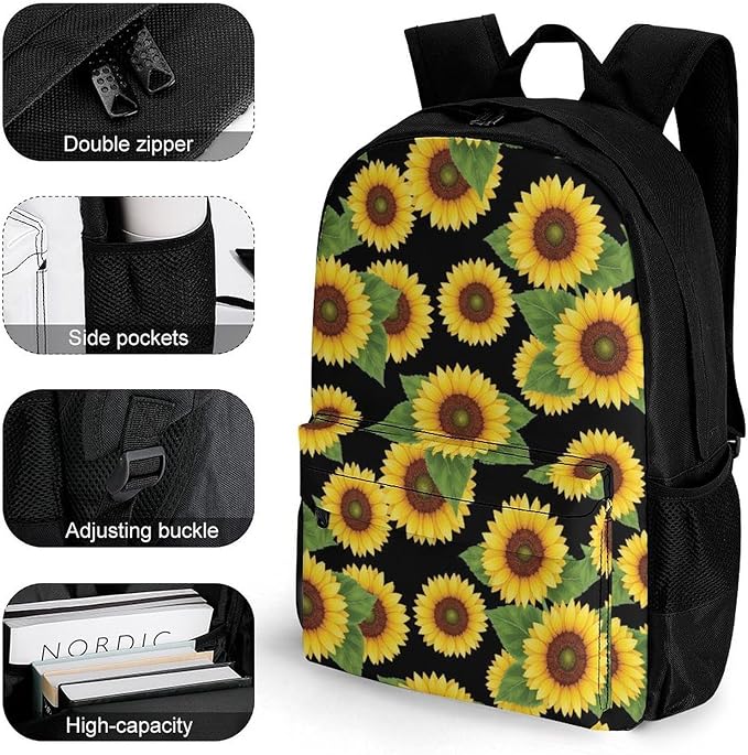 Sports Gym Outdoor Backpack Floral Sunflower College Bookbag with Large Capacity Rucksack for Men Women