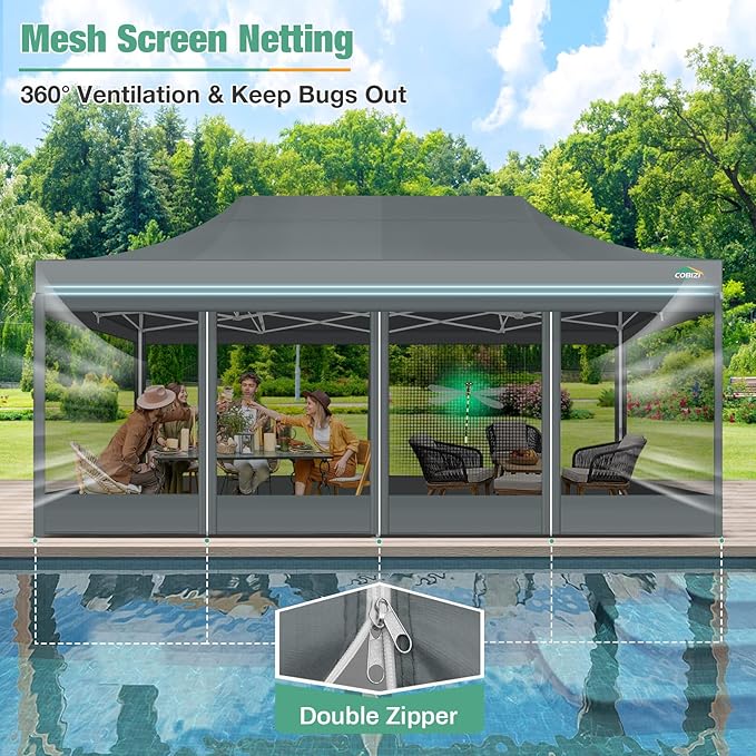 COBIZI 10x20 Canopy Tent, Heavy Duty Pop up Canopy with Sidewalls, Waterproof Easy Setup Canopy with Mosquito Netting, Outdoor Instant Screen Tents for Parties, Wedding with Roller Bag, Gray