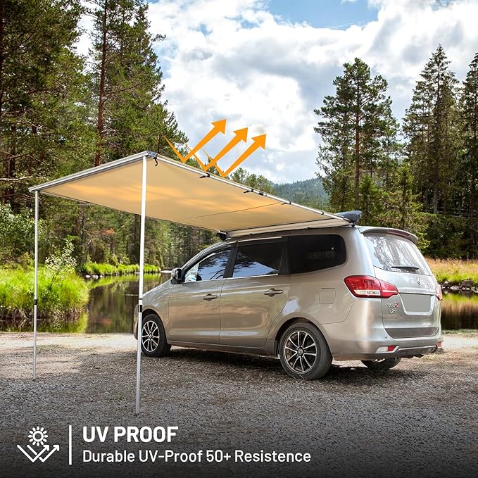 Timber Ridge Car Awning Camper Awning 8.2X6.5ft Truck Tent Waterproof PU10000mm UV50+ Rooftop Overland Camping, Retractable Side Tent Shade for Car/SUV/Truck/Van, Beige