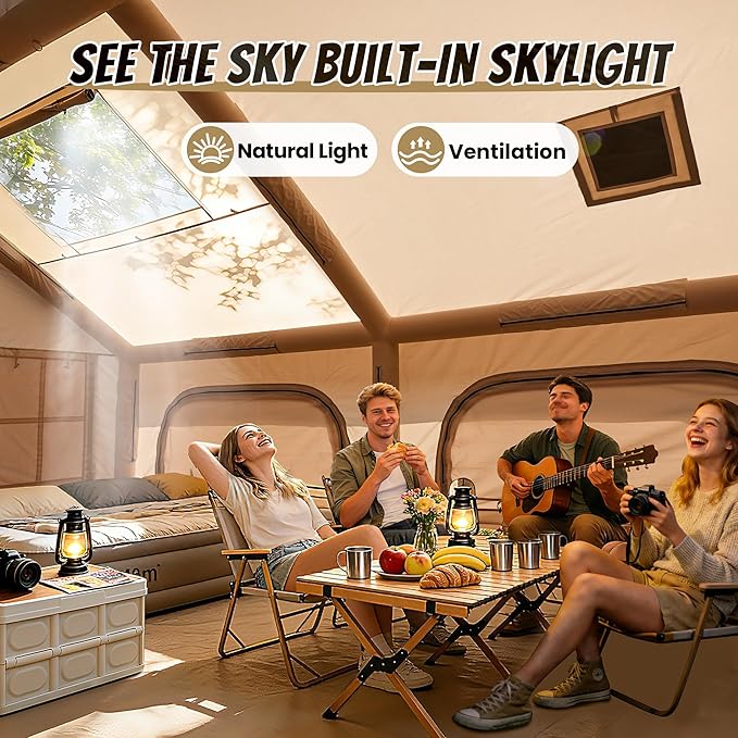 Inflatable Tent with Skylight, Quick Setup Blow Up Tents with Pump, Hot Tent with Stove Jack, Waterproof Oxford Inflatable House for Camping, Air Glamping Tents for Camping Adult 4-6 Person