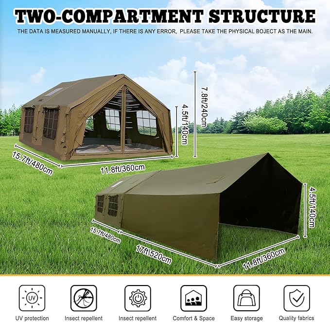 Inflatable Tent, Outdoor Easy Setup Inflatable Tents for Camping, Portable Blow Up Tent with Stove Jack, Cotton Canvas Material for Glamping, for 4 Season, 4/6/8/10 Person Use