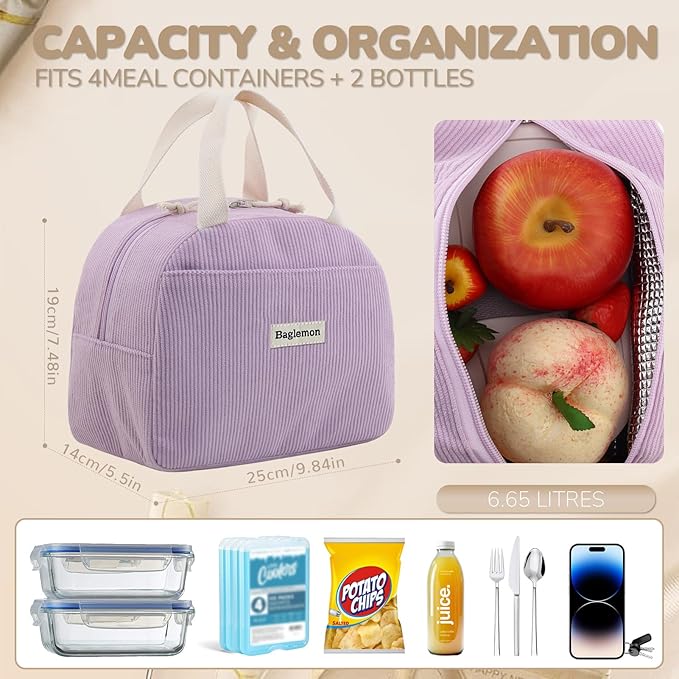 Lunch Bag for Women Men Cute Corduroy Lunch Tote Bags Reusable Insulated Lunch Box Large Capacity Reusable Insulated Cooler for Work/Picnic/Travel (Corduroy Purple)