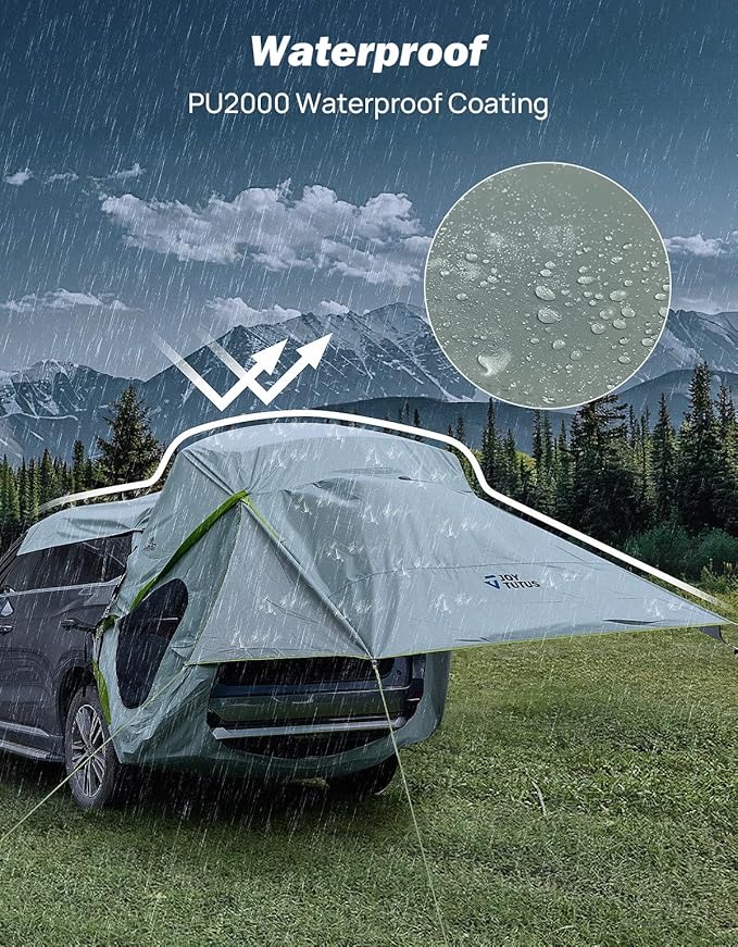 JOYTUTUS SUV Tailgate Tent with Three Sides Awning and Poles, Water Resistant SUV Camping Tent with Car Roof Cover, Tent Attaches to Car Truck, Universal Fit Most SUVs, Cars, Grey Green, Large