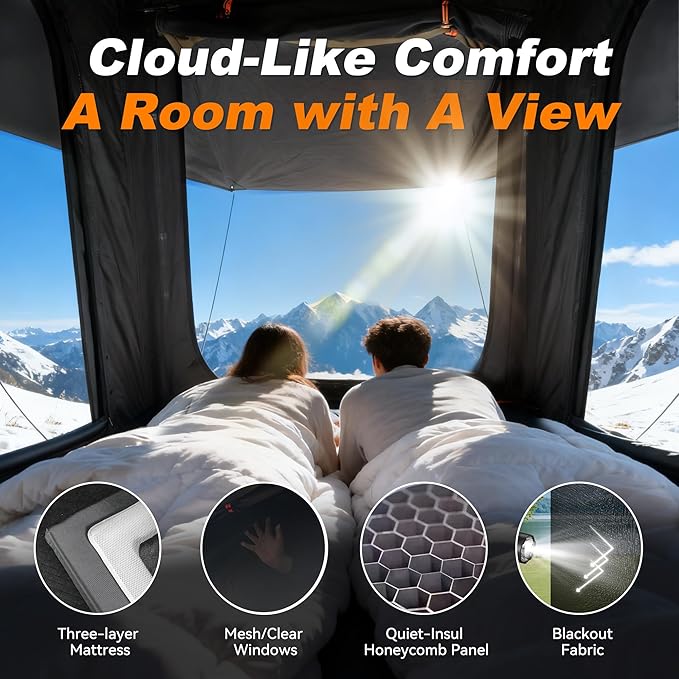 Naturnest Rooftop Tent Hard Shell, Easy Set Up Pop Up Tent for 2 Person Camping, Waterproof UV-Resistant Blackout Privacy 4 Season Tent for Truck, Jeep, SUV, Van, Trailer - Polaris 2
