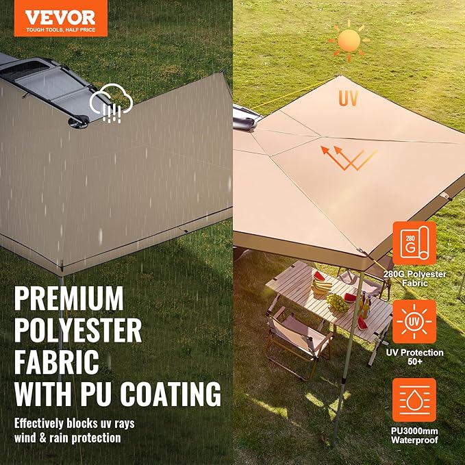 VEVOR 270 Degree Awning, Ultimate Sun Protection Vehicle Awning, Waterproof UV50+ Car Side Awnings with Carry Bag, All-Weather Free-Standing Overland Awnings Car Shelter for SUV Van Truck Camping