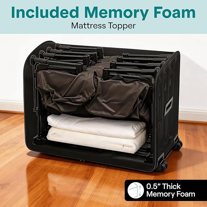 SereneLife (Queen) EZ Bed Luxe Air Mattress with Frame and Rolling Case - Luxury Series with Bonus Memory Foam Cover, Constant Comfort Pressure Maintaining Pump, Built-in Headrest, Wall Plug AC