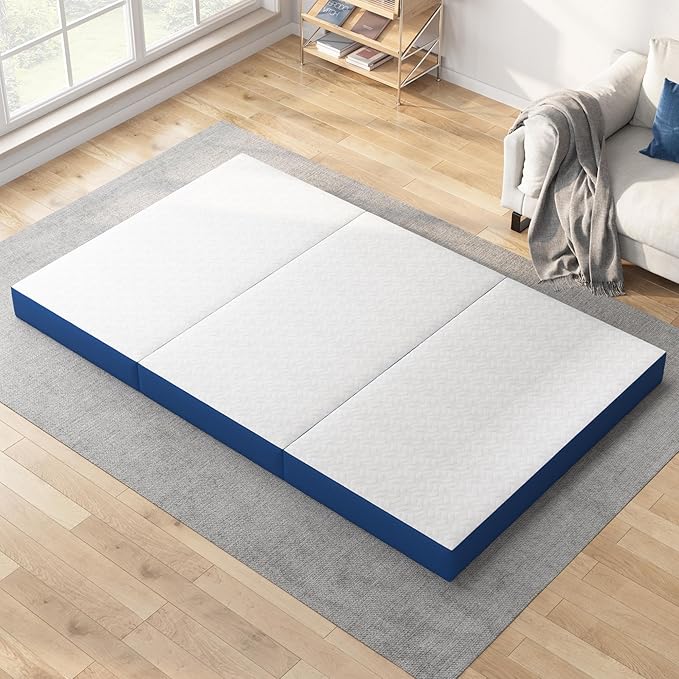 6 Inch Gel Memory Foam Mattress Queen Size, Portable Tri-Folding Mattress with Washable Cover, for Guest Bed, Camping, Travel, Dormitory, White & Blue