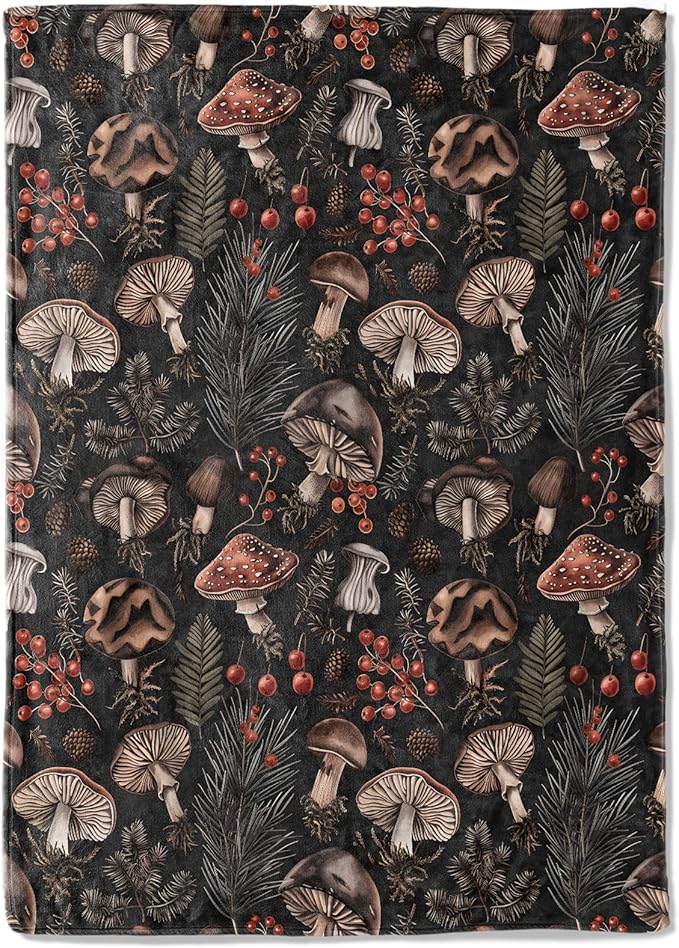Vintage Mushroom Fleece Blanket - 50x60in Retro Woodland Berries Forest Throw Blankets,Soft Cozy Lightweight, Ideal for Living Room Home Rustic Decor and Kids Women Girls Spring Gifts