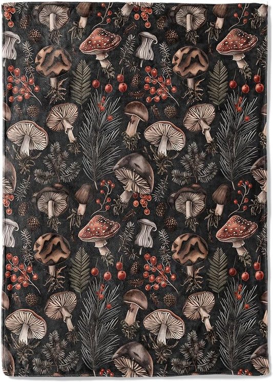Vintage Mushroom Fleece Blanket - 50x60in Retro Woodland Berries Forest Throw Blankets,Soft Cozy Lightweight, Ideal for Living Room Home Rustic Decor and Kids Women Girls Spring Gifts