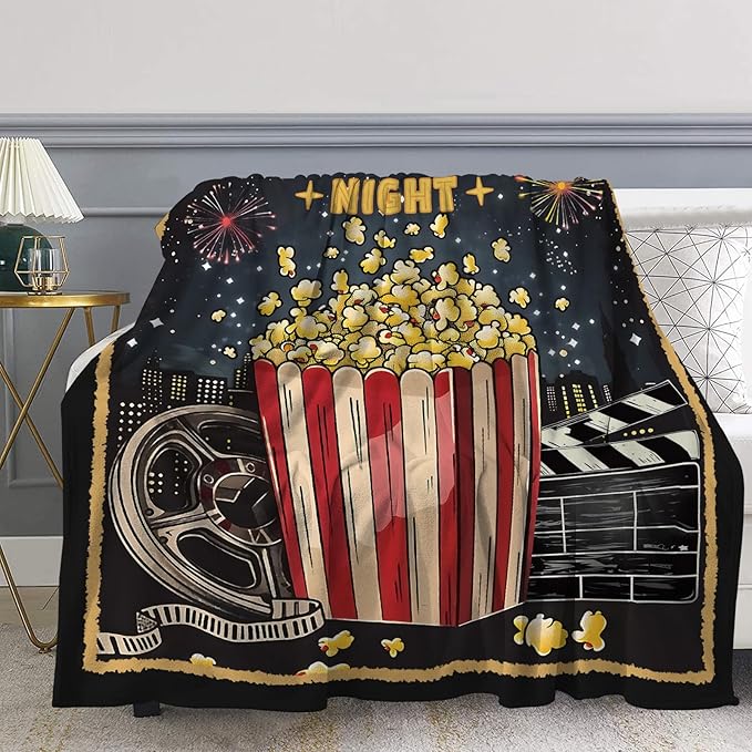 Movie Night Popcorn Theater Blanket, Movie Lover Gifts, Soft Blanket for Movie Theater Room Decor, Cozy Throw Blankets Christmas Birthday Gifts for Adults Toddles Teens Couch Bed 60" X 50"