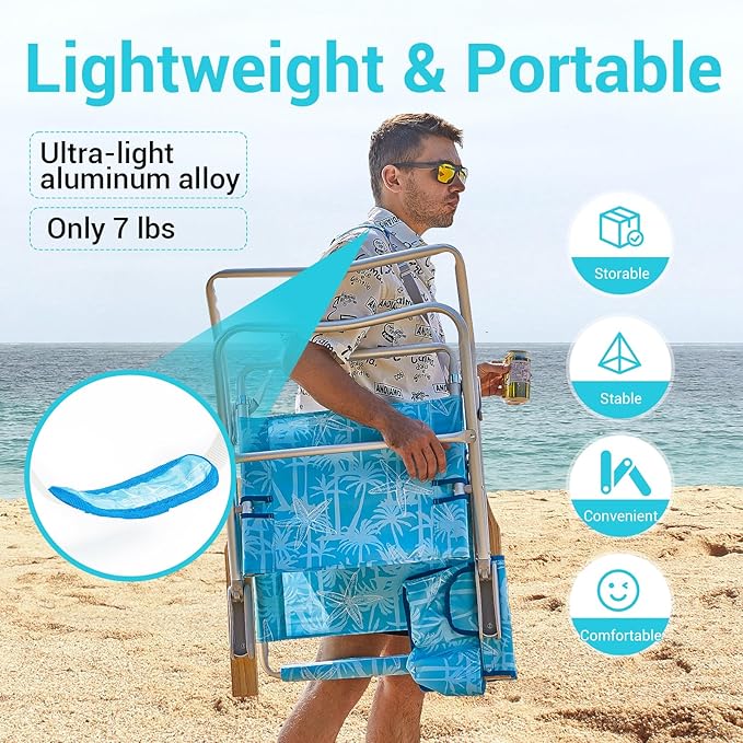 #WEJOY Folding Beach Chair for Adults, 4-Position Aluminum Lightweight Beach Chair, Low Sands Chairs with Shoulder Strap, Cup Holder and Padded Headrest, Supports 265lbs for Lawn