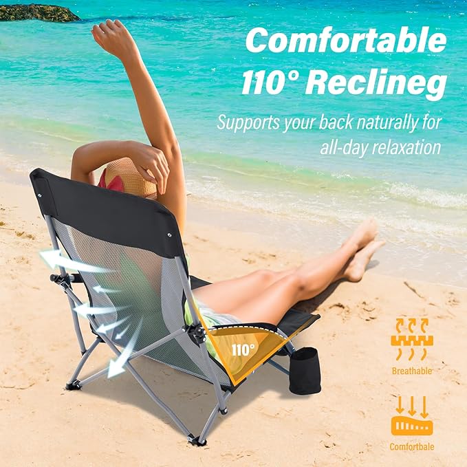 Homcosan Portable Low Folding Beach Chairs Set of 2 - Lightweight Camping Chairs for Adults with Cup Holder & Storage Pockets, Carry Bag Included (Black & Gray)