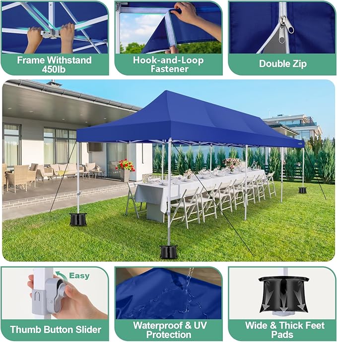 COBIZI 10x30 Canopy Tent, Heavy Duty Pop up Canopy with Sidewalls, Waterproof Easy Setup Canopy with Mosquito Netting, Outdoor Instant Screen Tents for Parties, Wedding with Roller Bag, Dark Blue
