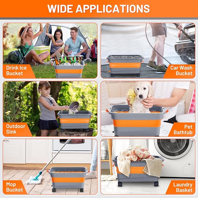 This Hill Collapsible Bucket 5.5 Gallon for Car Washing, Car Wash Bucket with Wheels, Handle, Drain Plug and Water Outlet, Foldable for Mop Cleaning, Camping, RV, Pet Bathing and Laundry