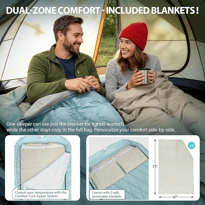 GEERTOP Double Camping Sleeping Bag with Blanket Queen Size Two Person Sleeping Bag for Adults Couples or Family Outdoor Backpacking Travel