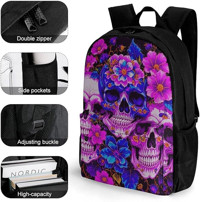 Daypack Backpack Anti-Theft Multipurpose Big Capacity Bookbag, Purple Psychedelic Mexican Sugar Skulls Day Of The Dead Floral Flowers Business Computer Bag With Side Pockets