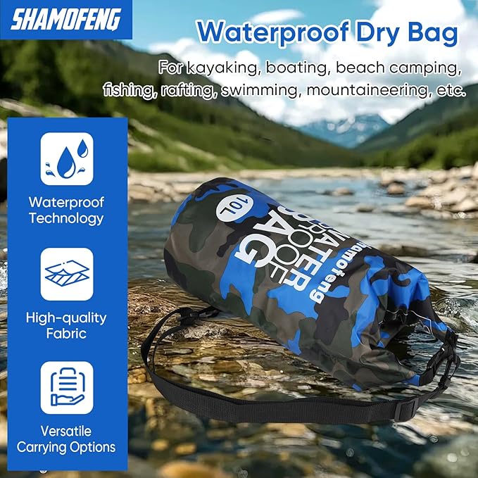 Waterproof Dry Bag 5L/10L/15L/20L/30L Roll Top Dry Storage Backpack with Phone Case, Collapsible Water Bottle, Sunglasses, Ear Band for Kayaking Boating Swimming Fishing Camping,Blue 30L