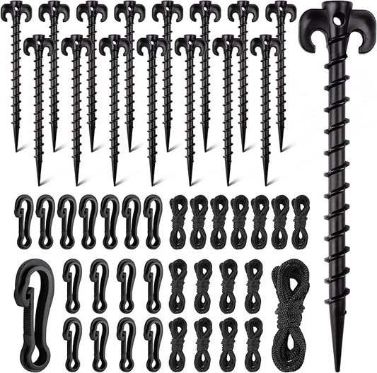 48 Pieces Plastic Inflatable Stakes Set Plastic Tent Stakes with Hooks & Ropes Camping Stakes Duty Tent Pegs for Halloween Christmas Yard Inflatables Sturdy Tent Canopy Stake (Black)