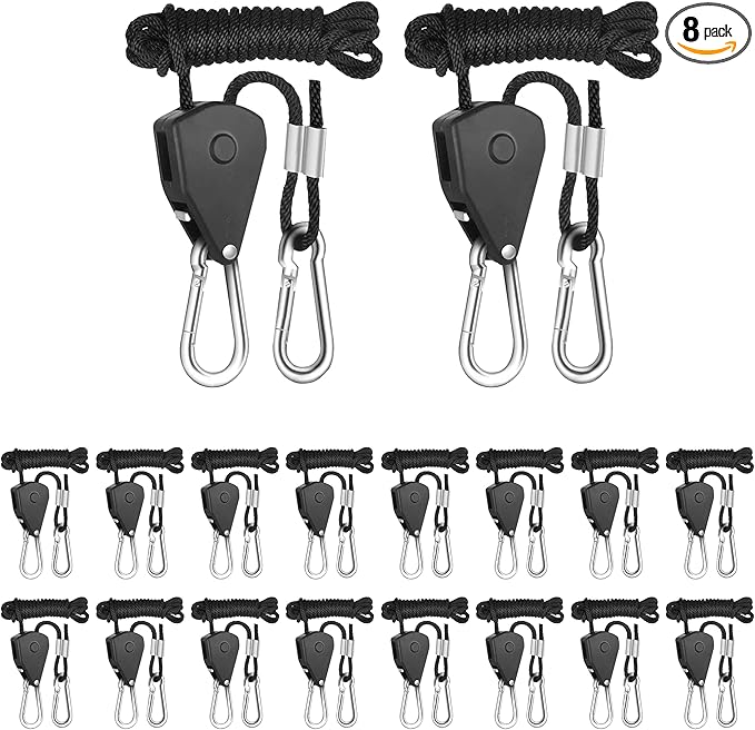 iPower 8-Pair 1/8 Inch Adjustable Rope Hanger, Heavy Duty Grow Light Hangers with Reinforced Metal Gears, 8Ft Long & 150lbs Weight Capacity for Growing Lamp, Inline Fan, Filters
