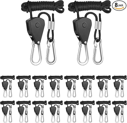 iPower 8-Pair 1/8 Inch Adjustable Rope Hanger, Heavy Duty Grow Light Hangers with Reinforced Metal Gears, 8Ft Long & 150lbs Weight Capacity for Growing Lamp, Inline Fan, Filters