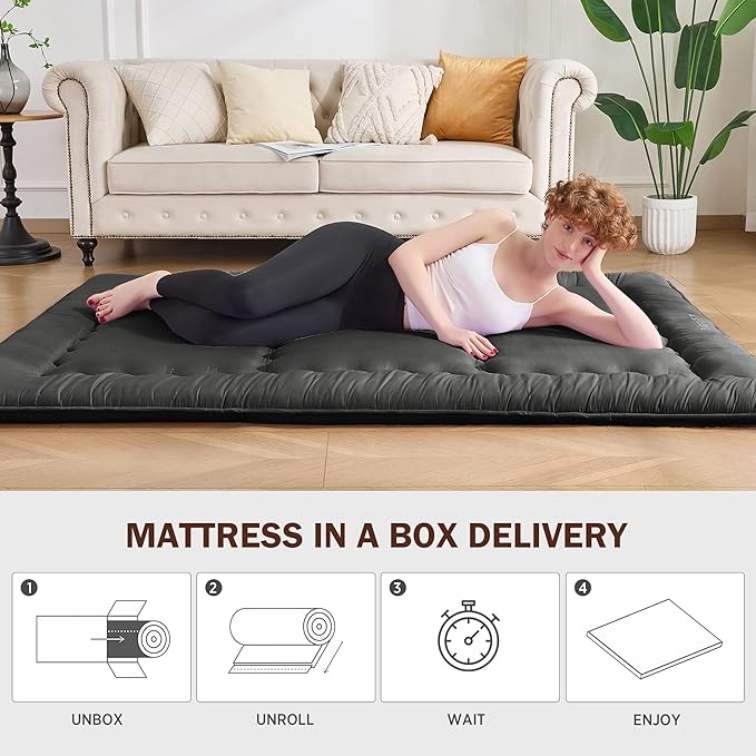 Japanese Floor Futon Mattress 25D Full Size 54"x 80", 4" Thicken Foldable Mattress Tatami, Breathable & Supportive Tatami Mat for Guest Room, Kids Space & Dorm, Solid Black