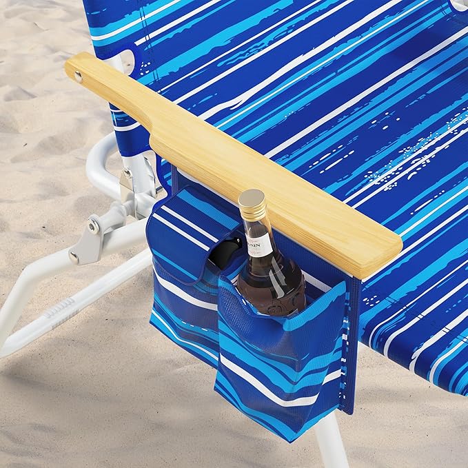Tall Beach Chairs for Adults, 17" High Backpack Beach Chair with Wooden Armrests, 5 Positions Reclining Heavy Duty Chair with Large Cooler Pouch, Support to 350LBS Striped Blue,2pack