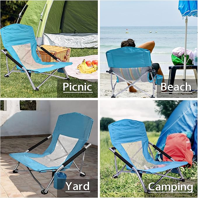 Camp Folding Beach Chair for Adults 2 Pack Chairs with Cup Holder Pocket Headrest Carry Bag for Outdoor, Beach, Camping, Lawn, Music Festival (Blue)