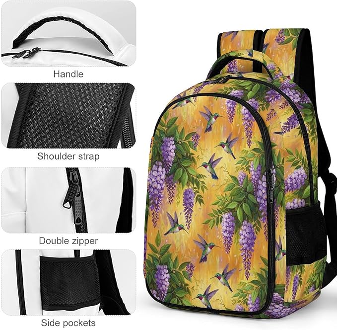 Personalized Business Backpack Purple Flowers And Hummingbird, Large Capacity Laptop Backpack with Organized Compartments for Work