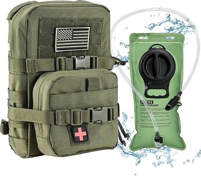 Tactical Mini Molle Hydration Pack,Molle Hydration Carrier with IFAK Pouch&US Flag&Med Patch,Hydropack for 2L Water Bladder