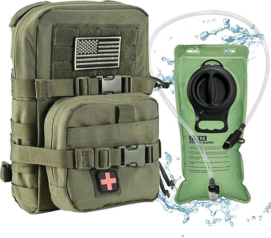 Tactical Mini Molle Hydration Pack,Molle Hydration Carrier with IFAK Pouch&US Flag&Med Patch,Hydropack for 2L Water Bladder