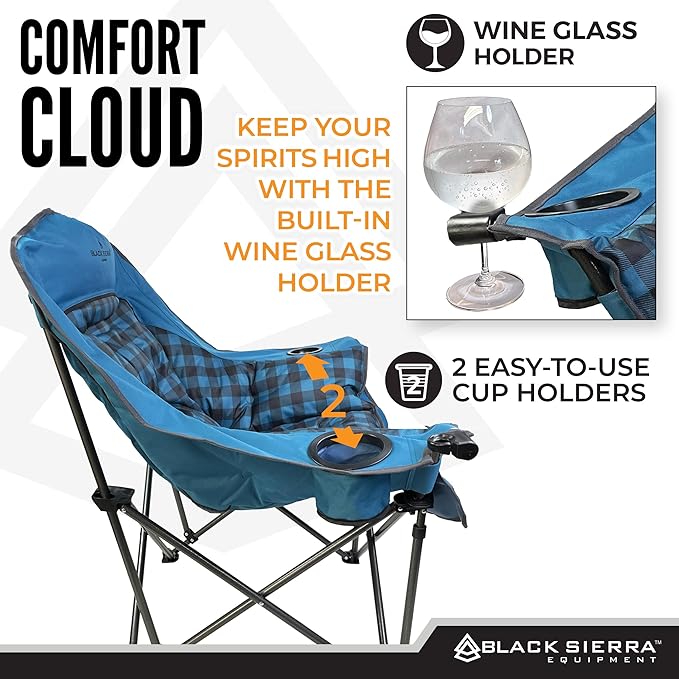 Black Sierra Oversized Camping Chair for Adults, Heavy Duty Outdoor Seat with Plush Padding, Supports 400lbs, Cup Holder & Carry Bag, Comfortable Folding Chair for Tailgating, Patio, & Sideline Events