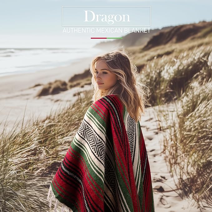 Authentic Large Handwoven Mexican Blanket - Soft Yoga- Durable Serape- Lightweight Falsa, Beach, Camping, Picnic, Outdoor Blanket 70"x50" - Dragon