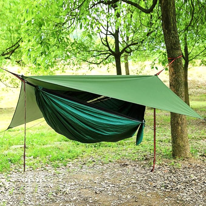Portable Single Double Nylon High Strength Parachute Hammock Rainfly Set, Camping Hammock with Rain Fly Tarp and Mosquito Net Tent Tree Straps, Backpacking Hiking Travel Yard Outdoor Activities