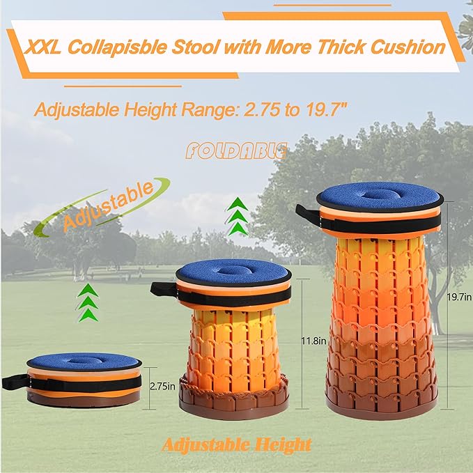 ALEVMOOM 2025 Upgraded XXL Collapsilbe Stool with Cushion,More Sturdy and Height 19.7",D11.8,Portable and Lightweight Adjustable Chair Telescoping Stool for Camping Hiking BBQ Max Loading 1000Ibs