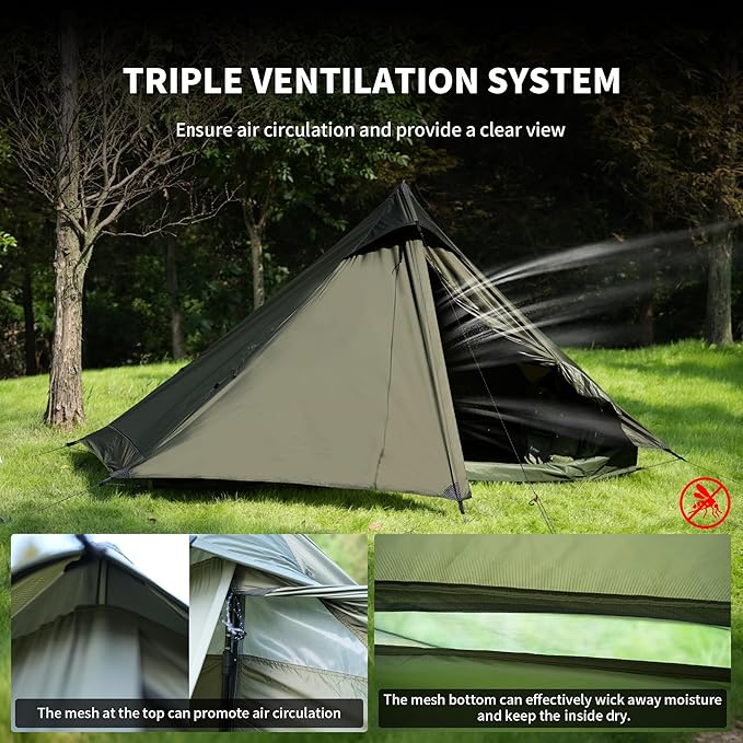 TENPLAY Ultralight 1 Person Tent - 970g 20D Nylon, 130cm Height, PU5000 Waterproof, Easy Setup, NO Trekking Pole for Hiking, Camping & Mountaineering