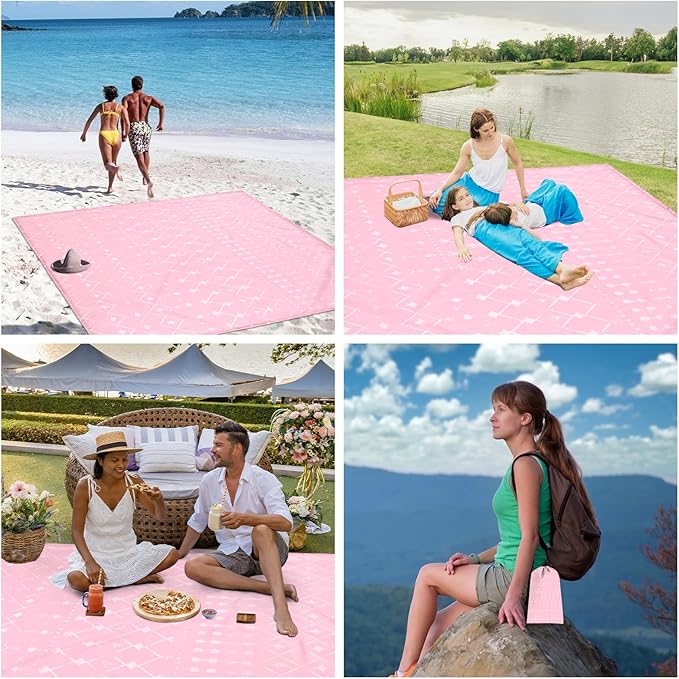 Beach Blanket Waterproof Sandproof, Moroccan Blythe Pink Picnic Blankets, 86''×78'' Large Beach Mat Sand Free for 2-4 Adult, Compact Quick Drying Outdoor Blanket Beach Essentials Must Have