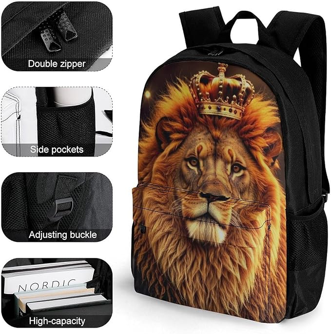 Shoulder Book Bags Polyester Multipurpose Anti-Theft 90S Lion King With Gold Crown Carry On Bag Large Capacity Travel Hiking Camping Rucksack